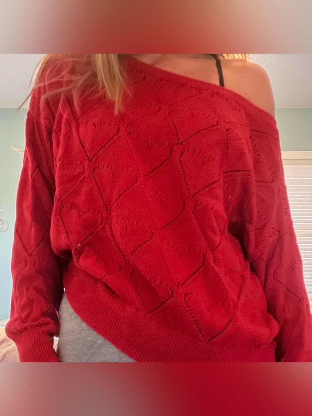 Hollister easy off-the-shoulder sweater red pointelle heart pattern